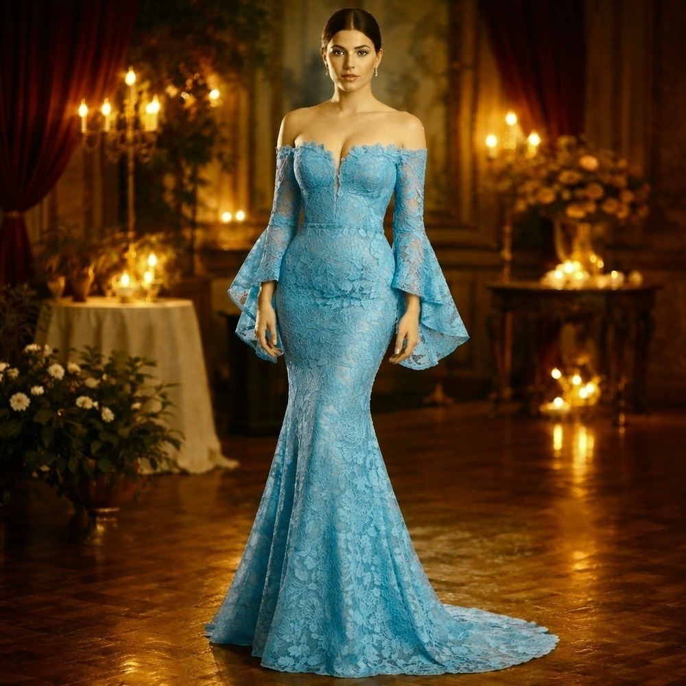 Off-Shoulder Blue Lace Mermaid Prom Dress